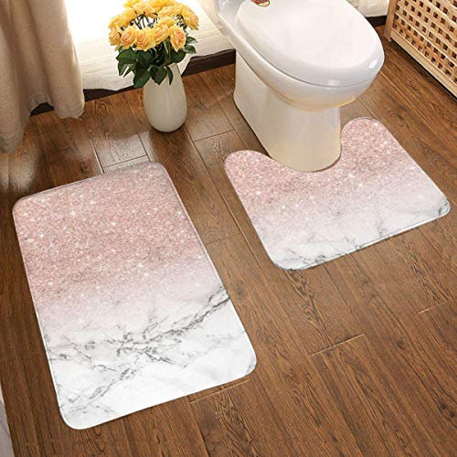 N/A 2 Piece Modern Rose Gold Pink Glitter White Marble Bath Mat Set Soft Non Slip Bath Mat 19.5 X 31.5 Inch and U-Shaped Toilet Floor Rug Water Absorbent Door Mat