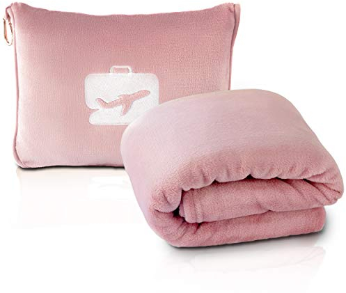 EverSnug Reisedecke und -Kissen - hochwertige, weiche 2-in-1-Flugzeugdecke mit weichem Kopfkissenbezug, Handgepäckgurt, und Rucksackclip (Hellrosa)