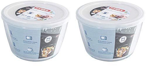 Pyrex Microwave Safe Classic Round Glass Dish with Plastic Lid 1.7 Litre White (Pack of 2)