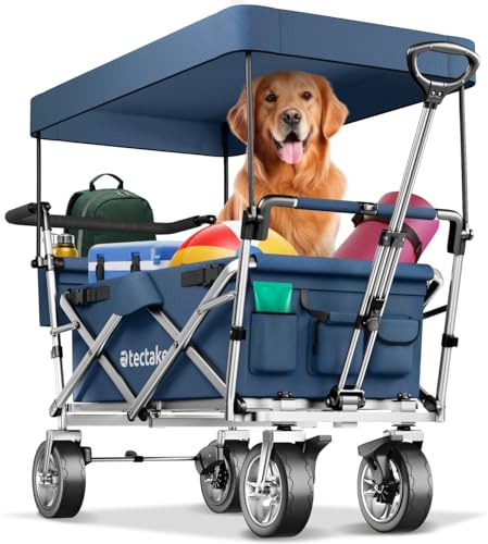 tectake® Bollerwagen faltbar mit Dach, Handwagen mit Bremsen und Taschen, Strandwagen, Outdoor Gartenwagen, Transportkarre bis 80 kg Belastbarkeit, klappbar - blau