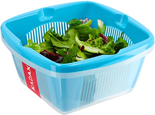 Panier de lavage de fruits KADAX 4L, passoire en plastique 2 en 1, 29x27x13cm, passoire à salade en plastique, panier de lavage de fruits à double couche (bleu/transparent)