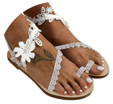 Dasongff Nu Pieds de Mariee à Fleurs et Dentelle Pour Femmes Sandales Plates Femme Été Confortable Nu-Pieds Tongs Décontractées Sandales de Plage d'été Sandales Gladiateur Femme Été
