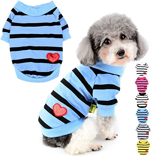 Zunea Dog Shirts for Small Dogs Summer Basic T-Shirt Striped Puppy Clothes Sequins Love Heart Sweatshirt Soft Cotton Short Sleeve Tee Shirt Pet Clothing Pullover Chihuahua Apparel Blue S