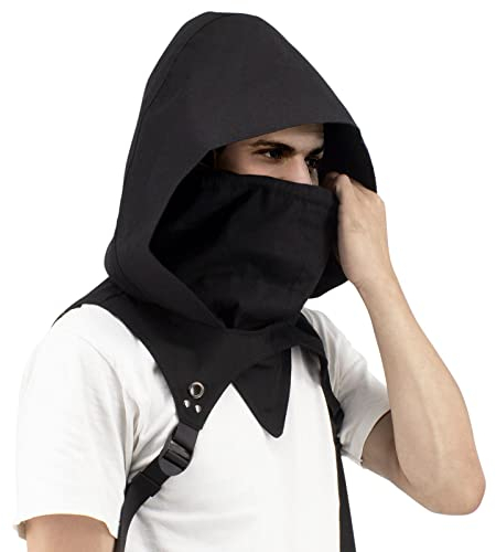 CoolChange Kapuzen Sturmmaske mit Schultergurten & Maske | Cosplay Sturmhaube für Assassinen Kostüm | Kapuzen LARP & Gothic Verkleidung