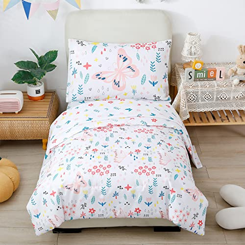 STYHO Flower Toddler Bedding for Cot Bed Butterfly Print Duvet Cover Sets Reversible Colorful Floral Plants Pattern Comforter Cover with Zipper Closure(White/Pink, Cot Bed)