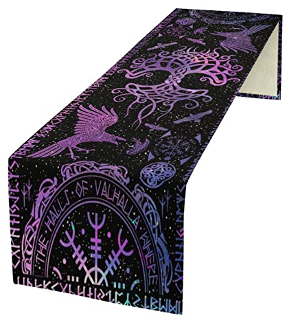kikomia Baumwolle Leinen Tischläufer Rechteckige Wikinger Rabe Baum des Lebens Tischdecke für Hochzeit Urlaub Heimdekoration Wikinger Dekorativ Abdeckung Tischplatte (33×91cm, Purple)