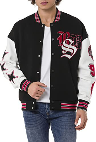 Veste universitaire unisexe de style rétro - Veste Varsity élégante avec broderies pour les loisirs et le streetwear, Noir/blanc, L