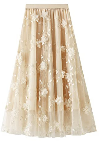 Tüllrock Damen Lang Rock Elegant Vintage Blume Stickerei Elastisch High Waist A Linie Swing Midi Sommer Faltenrock Plisseerock Winterrock Maxirock Frauen Festlich Fee Tutu Röcke Aprikose Blume L
