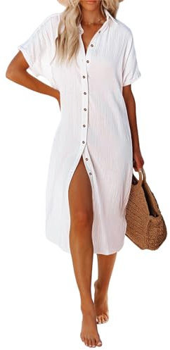 UMIPUBO Women Beach Cover Ups Casual Short Sleeve Beachwear Swimsuit Bikini Cover-Up Button Down Side Split Long Kimonos Bathing Suit Cardigans Beach Dress (White, M)