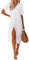 UMIPUBO Women Beach Cover Ups Casual Short Sleeve Beachwear Swimsuit Bikini Cover-Up Button Down Side Split Long Kimonos Bathing Suit Cardigans Beach Dress (White, M)