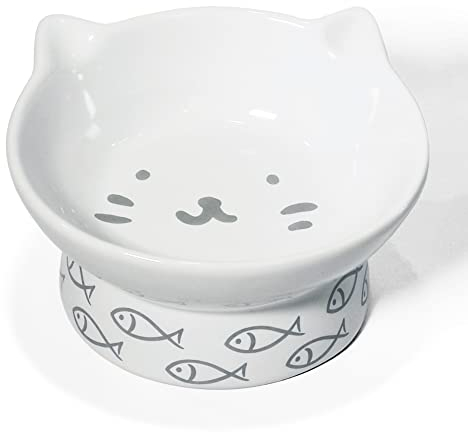 Kaiikai’s Ceramic Raised Feeder Bowl – 13 oz Tilted Elevated Cat Dish with Cute Cat Face, for Small Dogs and Cats