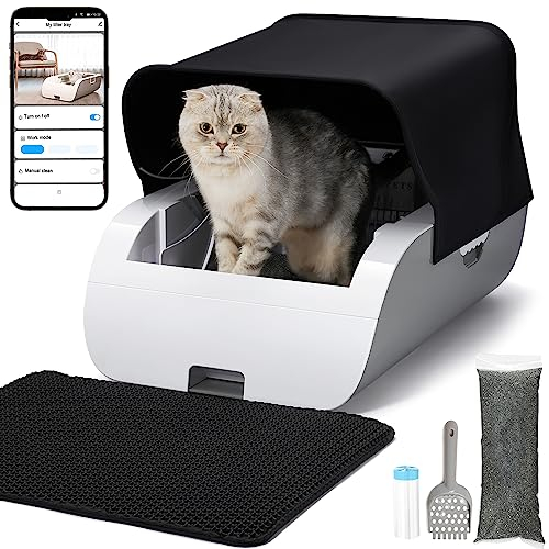 Suhaco Self Cleaning Cat Litter Box Large Automatic Smart Cat Litter Tray with Deodorizer & Litter Mat, APP Control Smart Self Cleaning Cat Toilet Covered Kitten Litter Box for Multiple Cats (White)