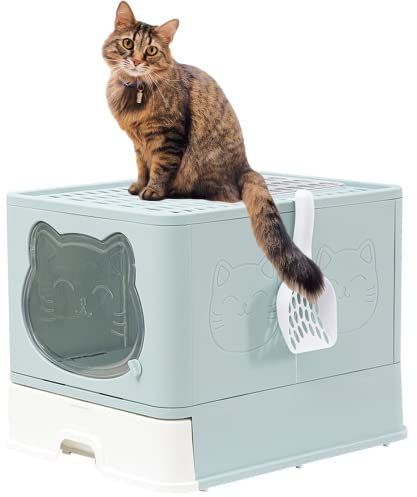 Katzenklo mit Deckel und Aktivkohlefilter, Hop in Katzenklo XXL mit, Katzentoilette geschlossen, geruchsfrei, Katzen Klo, Katzenklo mit Schublade, hohem Rand,inklusive Schaufel(Grün)