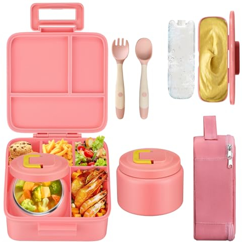 MAISON HUIS Bento-Lunchbox-Set für Kinder, mit 237 ml Suppen-Thermo, auslaufsichere Lunchbehälter mit 5 Fächern, Thermobehälter für heiße Speisen und isolierte Lunchtasche, BPA-frei, für Reisen,