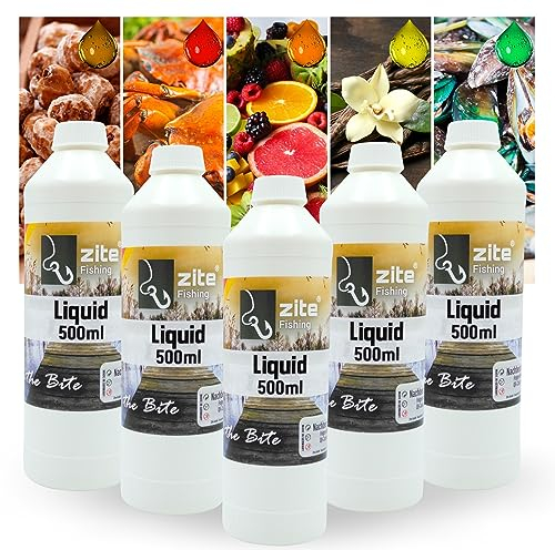 Zite Fishing Liquid Karpfen-Lockstoff 500ml - Naturreines Konzentrat, Universell Verwendbar, Hoher Aminosäureanteil - Ideal für Boilies, Futterkorb & Feederfischen (5er Mixbundle)