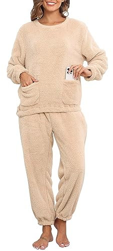 Yutdeng Pigiama Set Invernale di Caldo Pile Unisex Pigiami Due Pezzi da Donna e Uomo Abbigliamento da Notte Maniche Lunghe e Pantaloni con Tasche Pigiami Loungewear Confortevole Tuta Casa,Beige,XL