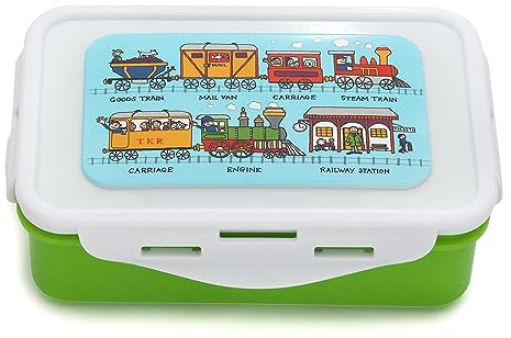 Tyrrell Katz Kids Trains Printed Lunch Box in Green - Children's Food Container with Clip Lock Lid and Removable Inner Divider - 17 x 11 x 5 cm