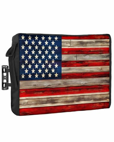 American Flag Outdoor TV Cover 70 to 75 Inches Weatherproof & Waterproof, Red Striped Blue Star Outdoor TV Enclosure with Remote Control Pocket, Vintage Wooden TV Screen Protectors for Outside TV
