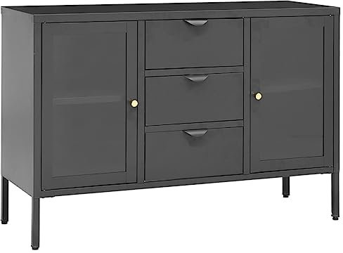Homvdxl 105 cm Sideboard Buffetschrank mit 2 Glastüren, verstellbaren Regalen und Schubladen, Metall, Buffettisch, Akzentkonsolentisch für Küche, Wohnzimmer (Anthrazit)