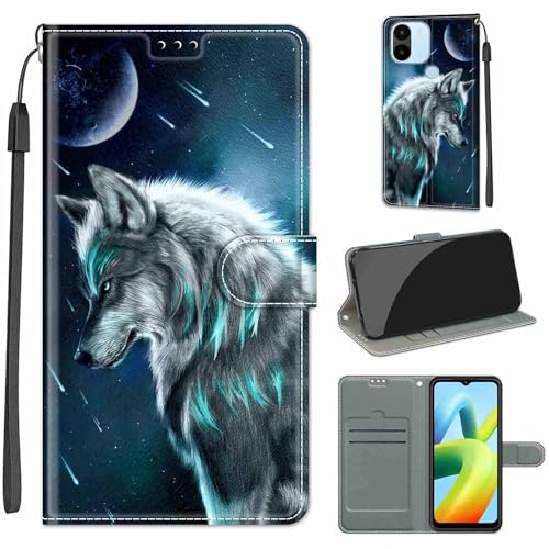 Handyhülle für Xiaomi Redmi A1/A2 Hülle, Redmi A1/A2 Plus Hülle, Premium Leder Flip Klappbare Stoßfeste Magnetische [Standfunktion] [Kartenfächern] Schutzhülle Tasche - Wolf