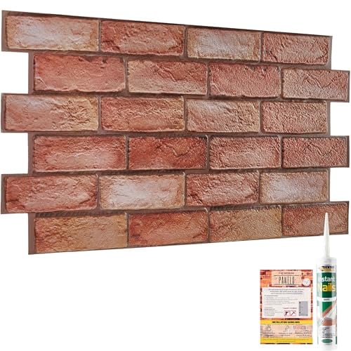 NOVECRAFTO Brick Effect 3D Wall Panels - 4 Sheets Covering 1.84 sqm | 19.84 sqf - Decorative PVC Plastic Cladding Panels - 96 cm x 48 cm | 37.80 x 18.90 in - Reddish Brown Decorative Brick Effect