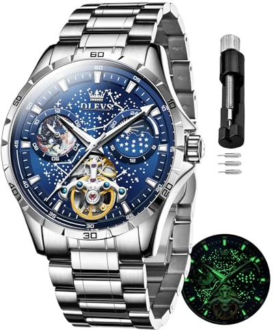 OLEVS Herren-Automatikuhr, mechanisch, selbstaufziehend, keine Batterie, Edelstahlband, luxuriös, Mondphasenkleid, Armbanduhren für Herren, wasserdicht, leuchtend, Silbernes Band, blaues Zifferblatt,