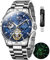 OLEVS Herren-Automatikuhr, mechanisch, selbstaufziehend, keine Batterie, Edelstahlband, luxuriös, Mondphasenkleid, Armbanduhren für Herren, wasserdicht, leuchtend, Silbernes Band, blaues Zifferblatt,