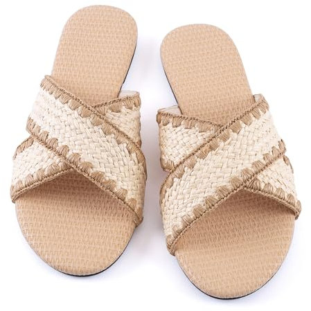 Mtzyoa Flache Damen-Sandalen, geflochtenes Leder, gekreuzt, hautfarben, elegant, modisch, Abend-, Party-, Hochzeitssandalen, Bast beige, 40 EU, Mz-X-13-111-24