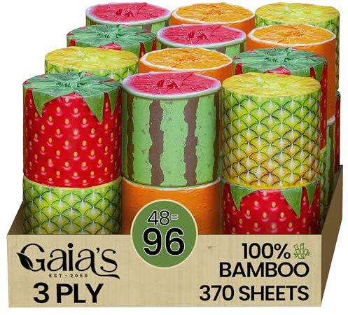 Gaias Premium and Soft Fruit TP Organic Bamboo Toilet Paper | 48 Mega Rolls, 3 Ply, 370 Sheets | FSC Certified, PFAS & BPA Free, Eco-Friendly, Sustainable Tissue - Plastic Free, Septic Safe, Vegan