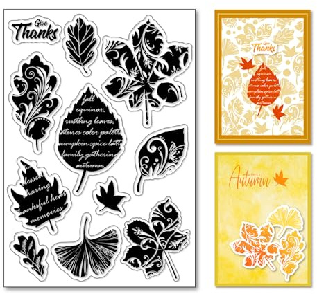 arriettycraft Herbst Silhouette Blätter Silikon Klar Stempel Ahornblatt mit Text Transparent Silikon Stempel Ginkgo Eichenblätter mit Wirbeln Gummistempel für Scrapbook Journal Kartenherstellung