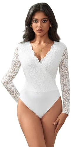 lau-fashion Langarm Body Spitze Bodysuits Weiß Unterwäsche Blumen Dessous Reizwäsche S/XL