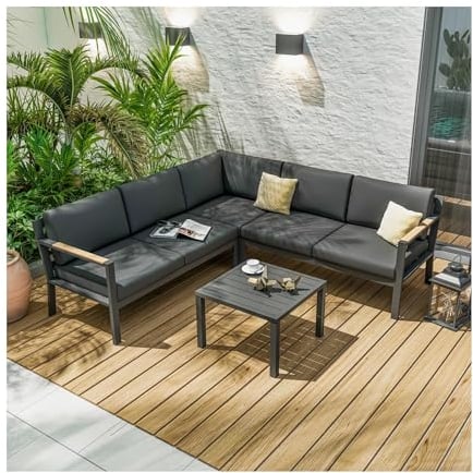 PARIS 5 Seater Aluminium Corner Garden Furniture Set - Modular Grey Corner Sofa with Removable Cushions - Includes Aluminium Coffee Table