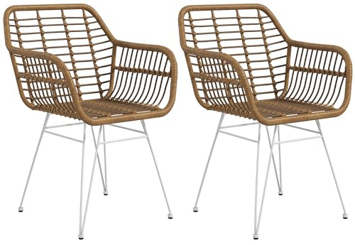 HOMCOM Esszimmerstühle 2er Set Küchenstuhl mit Rückenlehne, Kunstrattan-Optik, Sessel mit Fußpolster, Wohnzimmerstuhl, Stühle mit Stahlbeine für Esstisch, Hellbraun+Weiß