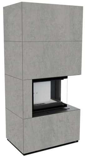 KRATKI Kaminbausatz Floki Box rechts 8 kW Ø 160 Quarzsinter Cemento Grigio BOCCIARDATA mit Türfeder