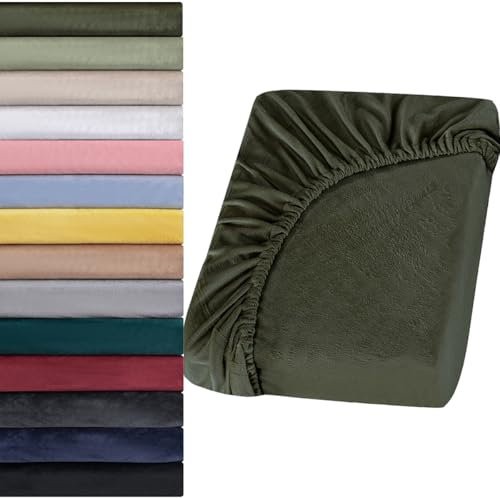Soifox Jersey Warm Spannbettlaken 90x200cm bis 100x200cm 2er Pack Plüsch Fleece Samtweich Kuschelig Flauschig Cashmere Touch Bettlaken für Boxspringbett Topper Matratze Olivgrün mit Gummizug