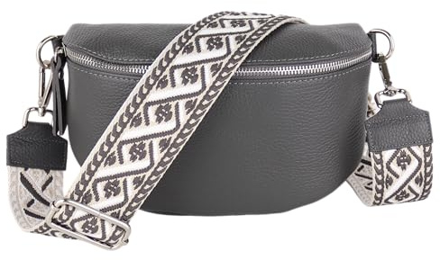 MIRROSI® Bauchtasche Damen, Echtleder, Made in Italy, Umhängetasche, Brusttasche, Crossbody Bag (1 Tasche & 2 Gurte) (Dunkelgrau (Kette), Mittelgroße Tasche (25x16x7cm))