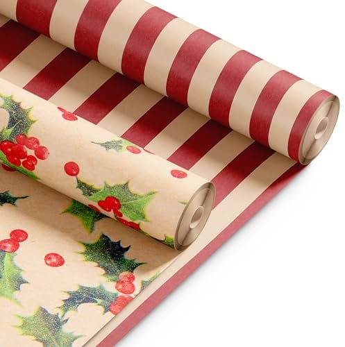 Kraft & Co 2 Pack Christmas Wrapping Paper Roll - Festive Designed Recyclable Kraft Paper, Perfect for Holiday Gifts, Arts & Crafts-Wrapping for a Merry Christmas (44.5cm x 25m) (Holly)