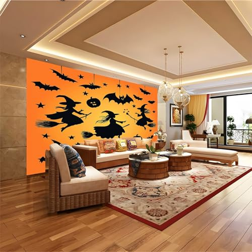 Wallpaper 118.1 x 82.7 Poster Decoration for Bedroom Living Room Corridor Flying Witch On A Broom Pumpkin Non-Woven Premium Art Print Fleece Wall Mural Panoramic Wallpaper Orange Color