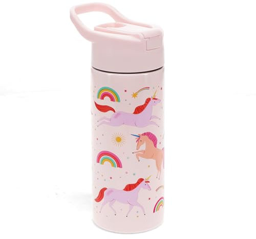 Rex London Edelstahl Trinkflasche Einhorn mit Druckknopfdeckel Trinkhalm Tragegriff für ca. 500 ml