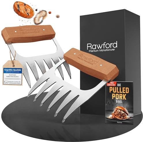 Rawford Pulled Pork Krallen – LFGB-geprüfte (TÜV) Meat Claws aus Edelstahl – ergonomischer Holzgriff für sicheren Halt – Fleischkrallen zum Zerkleinern, Heben & Fixieren – inkl. gratis BBQ E-Book