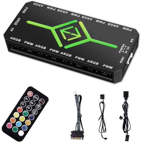 2-in-1 ARGB PWM Fan Hub with Controller, 9 x 5 V 3 Pin ARGB Ports, 9 x 4 Pin PWM Fan Connectors, RGB Hub with SATA Power 18 Port and Remote Control and Magnetic Base