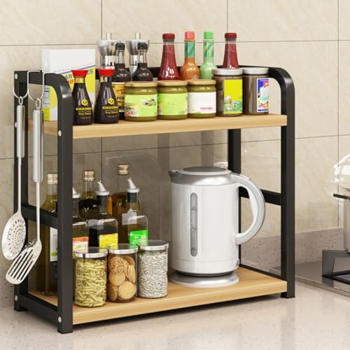 2 Tier Spice Rack for Kitchen Counter,Free Standing Counter Organizer Shelf | Kitchen Spice Jar Shelf Organiser for Coffee Bar,Pantry Storage & Jar Holder,Carbon Steel & Wood,Easy Assembly,Space Saving