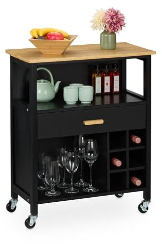 Relaxdays Desserte de Cuisine, pour 6 Bouteilles, tiroir spacieux, Plan de Travail, 80 x 65 x 35 cm, Noir et Nature