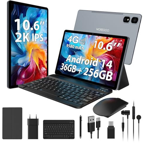 WOREGOO 10.6 Pulgadas Android 14 Tablet, 4G LTE y 5G WiFi, 2.0GHz Octa-Core, 36GB RAM+256GB ROM (1TB TF), 2K 2000x1200 FHD Display, GMS/GPS/8+13MP/Batería 9580mAh con Teclado+Ratón (Gris)