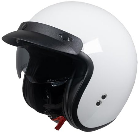 MIDA MV-7 ECE 22.06 Approved Classic Open Face Motorcycle Scooter Moped Motorbike Helmet with Removable 3 Stud Peak & Drop Down Sun Shade (Gloss White, XL)