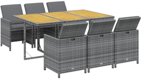vidaXL 7-TLG. Garten-Essgruppe mit Kissen Poly Rattan Grau