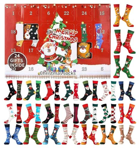 kdkskss Socken Adventskalender 2025, 24 Paar Lustige Bunte Unisex-Socken Aus Baumwolle, Weihnachten Kuschelsocken Geschenkset Für Erwachsene, Neuartiger Feiertags-Countdown-Kalender
