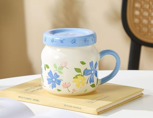 SuperglockT süße Blumentasse Porzellan Kaffeebecher handbemalt Blumenmuster Kakaobecher mit Deckel Milchbecher Cappuccinotasse Geschenk für Mädchen Mutter Oma Freundin (Blau)