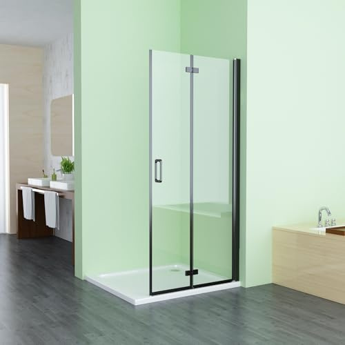 Walk in Duschwand für Dusche 90 x 185 cm Faltbar Duschabtrennung mit Pendeltür Falttür Matt Schwarz Duschtür 6mm Sicherheitsglas ESG Glas Rahmenlos Nischentür Duschfaltwand ohne Duschtasse