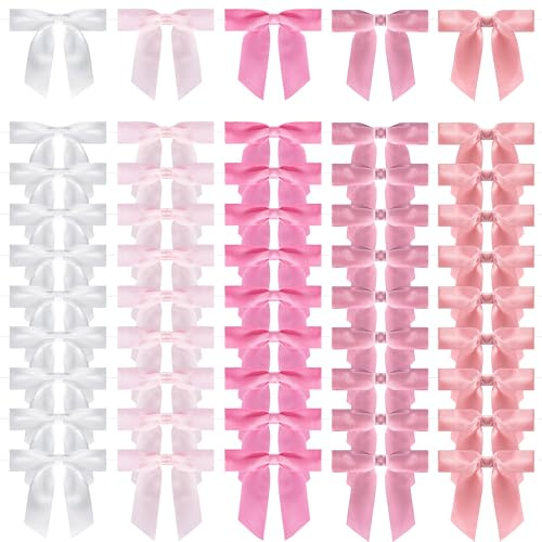 Foshird 50 Stück Rosa Schleifen Selbstklebend 9x9cm mit Draht Klebepads | Geschenkschleifen Polyester Kleine Schleifenband Deko für Hochzeit Auto Geburtstag Basteln DIY